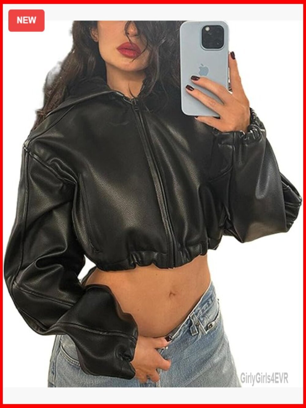 Cropped Leather Bomber Jacket with Hood Zip Up Motorcycle Style